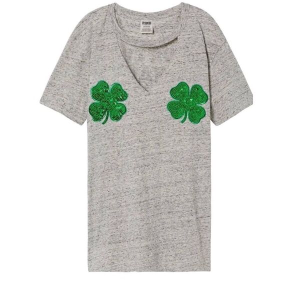 PINK St. Patricks St. Patty's IRISH BLING Campus T-Shirt Tee XS - Picture 1 of 8